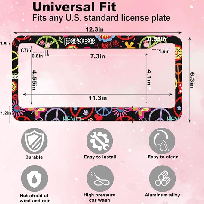2pcs Hippies Peace Floral License Plate Frame for Women, Funny Love and Peace car Decorative tag Frames Girly, Hippie Peace Flower License Plate Cover Holder for Vehicle with car Keychain tag