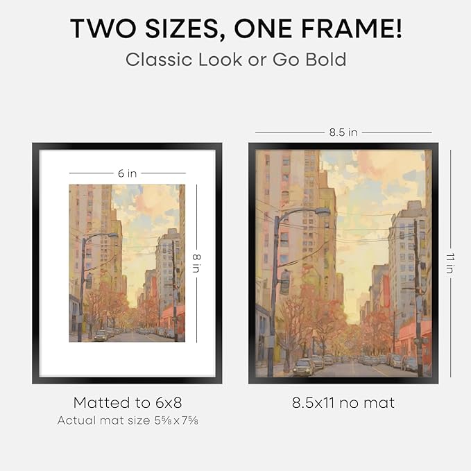 Homeforia Black Picture Frame 8.5 x 11, High End Metal 8.5x11 Poster Frames with Mat 6x8 Photo, 8.5 x 11 Frame Matted to 6 by 8 Art, 8.5by11 Wall or Tabletop Frames, Tempered Glass, Wall Kit, Set of 3