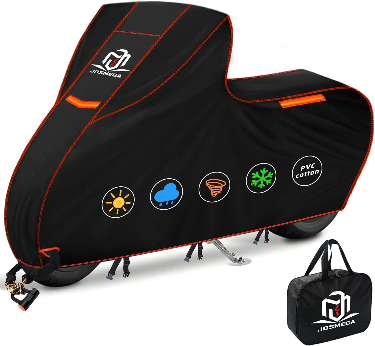 Motorcycle Cover | Heavy Duty PVC | Soft Inner Cotton | Waterproof Outdoor | All Season Universal | 4 Reflective Strips | 3 Windproof Straps | 1 Lock Hole | 1 Storage Bag | (Black, XXL, 104")