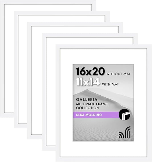Americanflat 16x20 Picture Frame with Polished Plexiglass - Set of 5 - Use as 11x14 Frame with Mat or Display 16x20 Photo Without Mat - Galleria Collection - Picture Frames for Wall Display - White