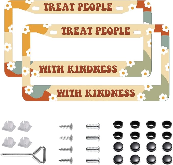 2Pcs Treat People with Kindness License Plate Frames Cover Holders Stainless Steel License Plate Cover with Screw Caps Cover and Screwdriver Set - 2-Hole for Girl Women Treat People with Kindness