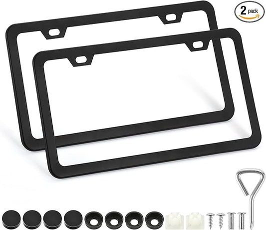 2 Pack License Plate Frames, 2 Holes Matte Black License Plate Frame,Aluminum License Plate Holder with Free Screws Fasteners Caps and Tool