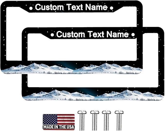 Custom License Plate Frame Snow-Capped Mountains 2 Pack Personalized Add Text Black Custom License Plate Frame with Standard Us Canada Vehicles 12.3 X 6.3in