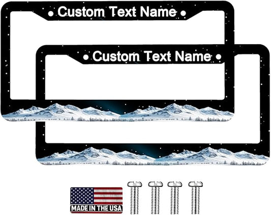 Custom License Plate Frame Snow-Capped Mountains 2 Pack Personalized Add Text Black Custom License Plate Frame with Standard Us Canada Vehicles 12.3 X 6.3in