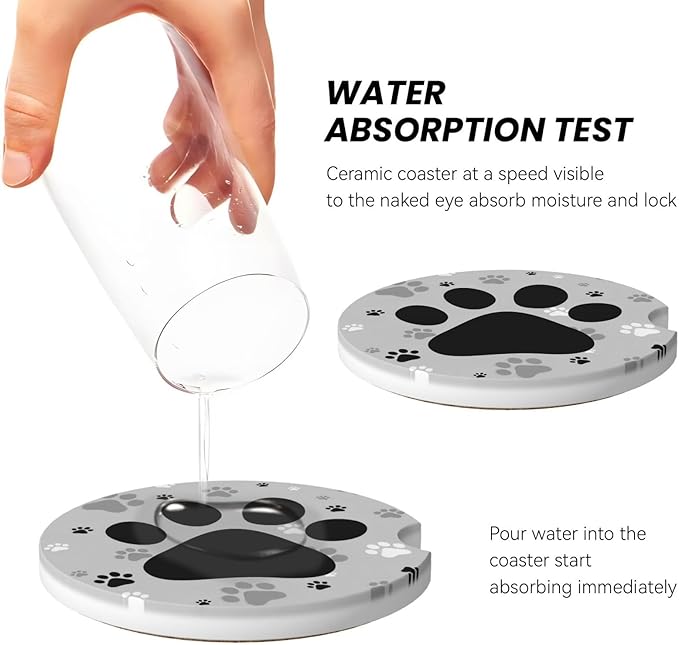 ABLESKY Car Coasters for Cup Holders, 2 Pack Absorbent Anti Slip Car Cup Holder Coasters, 2.56 Inch Ceramic Universal Size Auto Interior Accessories Women Men-Gray Dog Paw