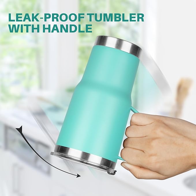 20 oz Tumbler with Handle, Stainless Steel Insulated Tumbler with Lid and Straw, Double Wall Vacuum Insulated Coffee Mug Tumbler, Insulated Coffee Thermal Cup for Cold and Hot (Mint Green)