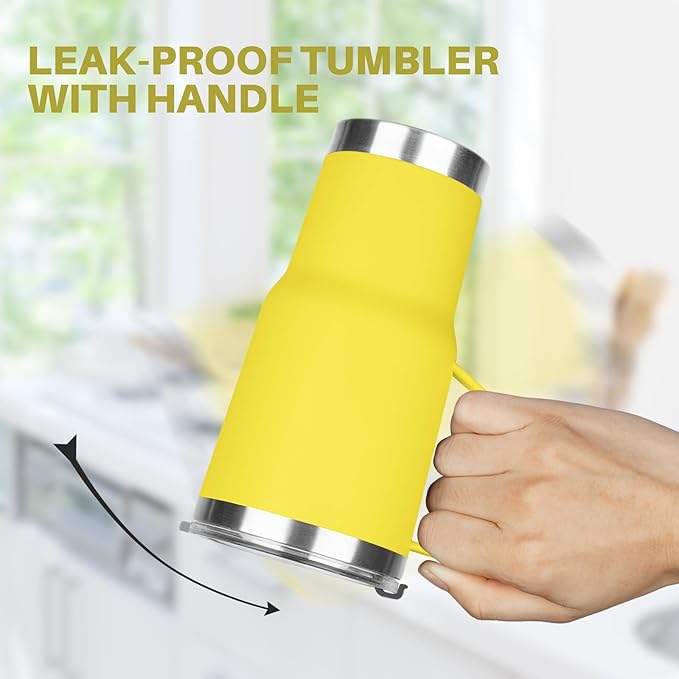 20 oz Stainless Steel Tumbler with Handle, Double Wall Vacuum Insulated Coffee Mug Tumbler with Lid and Straw, Thermal Cup for Cold and Hot (Yellow)
