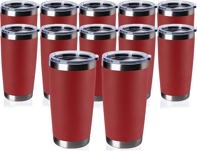 12 pack 20 OZ Double Wall Stainless Steel Vacuum Insulated Tumbler Coffee Travel Mug With Lid, Durable Powder Coated Insulated Coffee Cup for Cold & Hot Drinks (Red, 12 pack)
