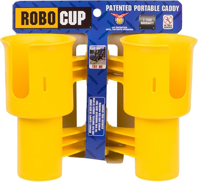 ROBOCUP, Patented Boat Cup Holder, Clamp on Portable Storage Caddy Securely Holds 2 Drinks, Fishing Poles, Tools, Marine Gear | Perfect for Boating, Beach Umbrellas, Golf Carts