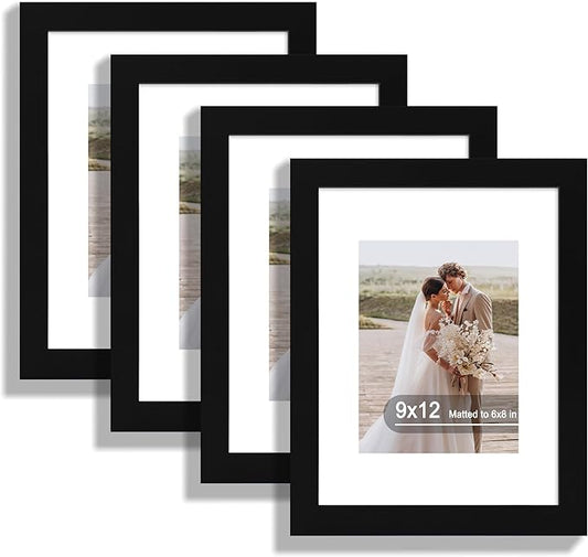 9x12 Picture Frame Set of 4, Made of Real Glass and Rustic Black Frame - Display Picture 6x8 with Mat or 9 x 12 Without Mat, 9 by 12 Photo for Wall or Tabletop