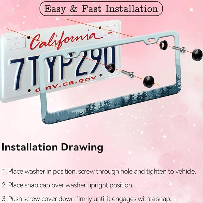 2pcs Blue Mountain Forest License Plate Frame for Women, Blue Mountain car Decorative tag Frames Girly, Natural License Plate Cover Holder for Vehicle with Double Sided car Keychain tag