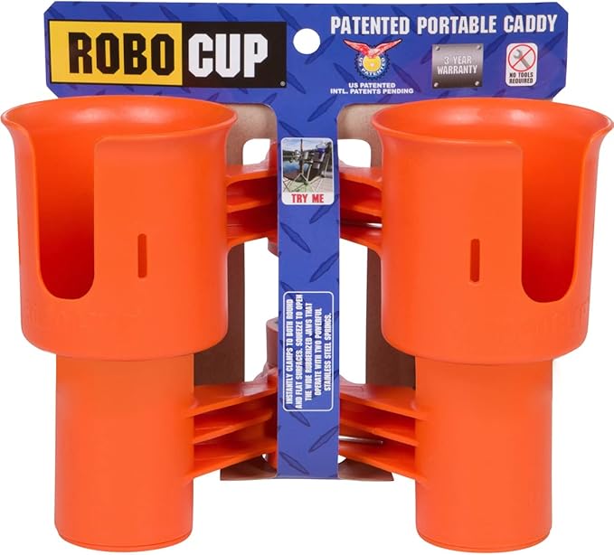 ROBOCUP, Patented Boat Cup Holder, Clamp on Portable Storage Caddy Securely Holds 2 Drinks, Fishing Poles, Tools, Marine Gear | Perfect for Boating, Beach Umbrellas, Golf Carts