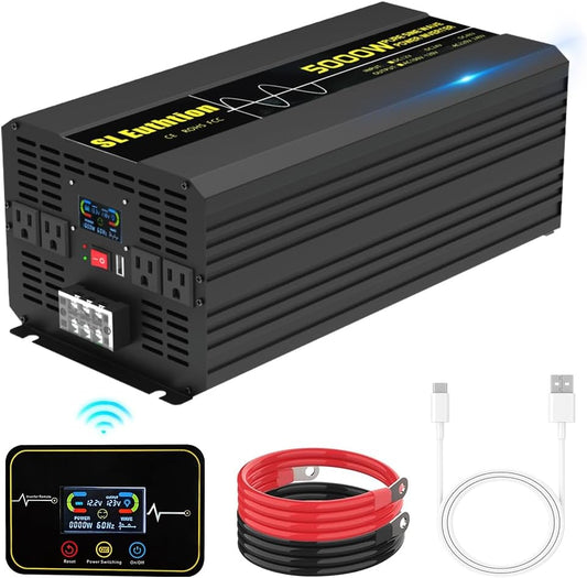 5000W/10000W(Peak) Pure Sine Wave Car Power Inverter 12V DC to 120V AC 60HZ with LCD Display, USB Port, Wireless Remote Control（10M) for Car Home Laptop Truck