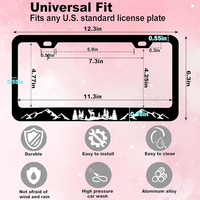 2pcs Moose Forest Mountains License Plate Frame for Women,Mountain Landscape car Decorative tag Frames Girly, Natural Forest License Plate Cover Holder for Vehicle with Double Sided car Keychain tag