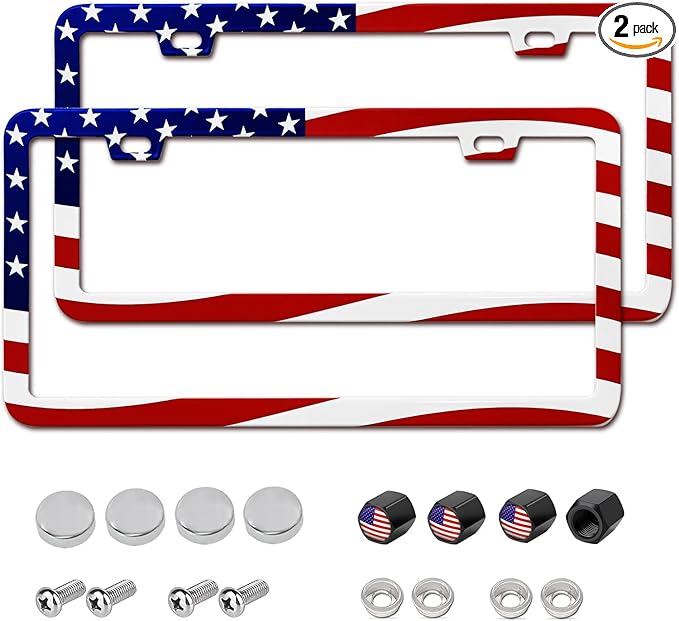 2 Packs License Plate Frame American Flag Printed Aluminum Metal Licence Plate Holder for Car Universal Fit for Men Women