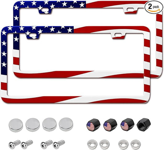 2 Packs License Plate Frame American Flag Printed Aluminum Metal Licence Plate Holder for Car Universal Fit for Men Women