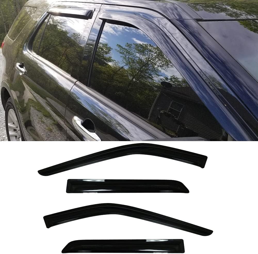 94293 Side Window Wind Vent Deflector, 4pcs Out-Channel Tape-On Dark Smoke Rain Guards Set, Window Visor fit for 2011-2019 Ford Explorer