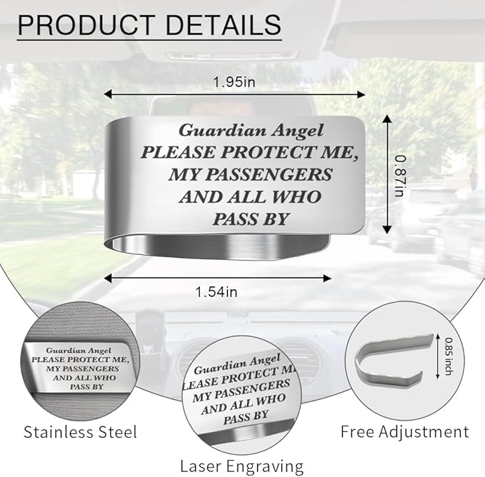Guardian Angel Please Protect Me Engraved Stainless Steel Car Visor Clip, Inspirational Guardian Angel Safe Driving Gifts for Family Friend Driver, Sweet 16 Birthday Gifts for New Driver