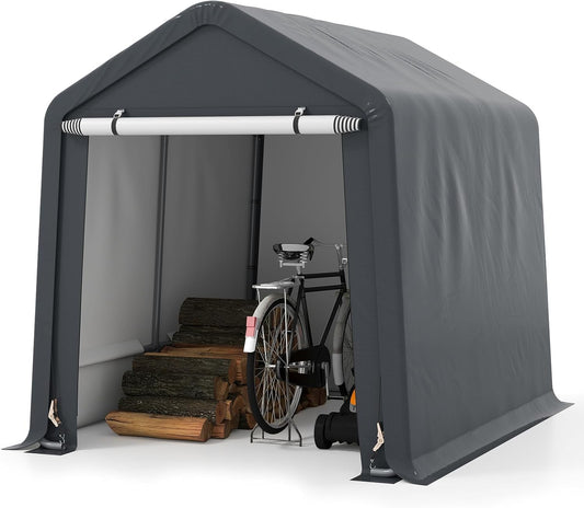 Tangkula 8x6.5Ft Portable Shed, Outdoor Storage Shelter with Waterproof Cover & Roll-up Zipper Door, Ratchet Strap, Heavy Duty Portable Storage Tents for Outside, Bikes, Garden Tools, Motorcycles