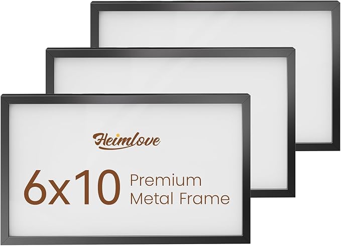 Heimlove 6x10 Metal Picture Frame,Black Aluminum Photo Frames-Real Tempered Glass,Tabletop Display,Mounting Horizontally or Vertically Decor for Wall-3 Pack