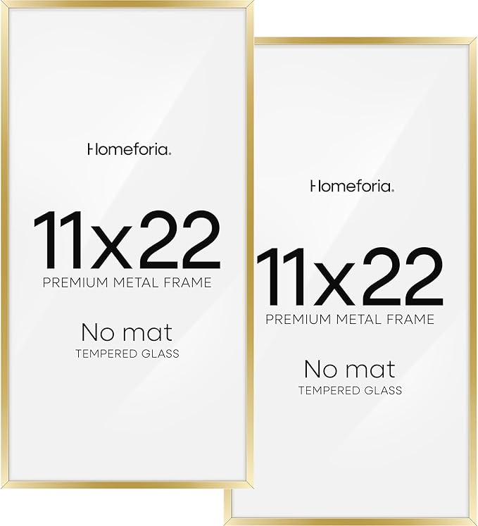 Homeforia 11x22 Newspaper Frame Gold, High End Metal 11 x 22 Picture Frame without Mat, 22x11 Thin Gold Poster Frames for Wall, 11 by 22 inches Display Photo Frames, Tempered Glass, Wall Kit, Set of 2