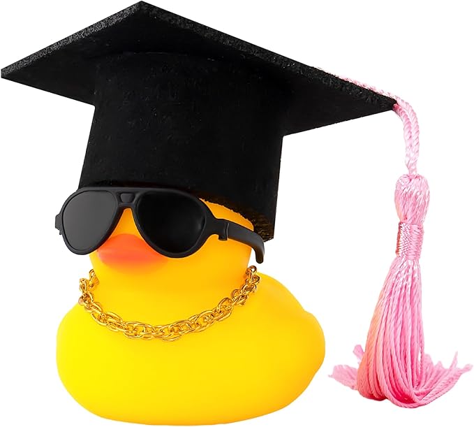 wonuu Car Dashboard Decor Graduation Hat Rubber Duck, Car Ducks Ornaments with Mini Hat Necklace Sunglasses Scarf (Pink)