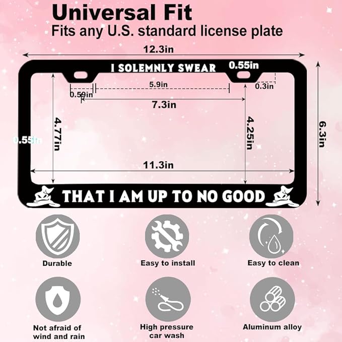 2pcs I Solemnly Swear That I Am Up to No Good License Plate Frame for Women, Funny car Decorative tag Frames Girly, License Plate Cover Holder for Vehicle with Double Sided car Keychain tag