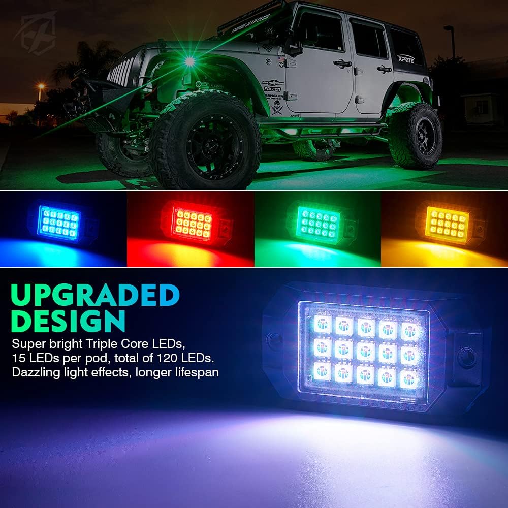 Xprite RGB Bluetooth Rock Lights Kit, Multicolor Neon Lighting Cars Underglow Footwell Wheel Well Light Pods, w/RF Remote Controller for Off-Road, Trucks, UTV, ATV, SUV, RZR, Motorcycles, Boat 8 PCS
