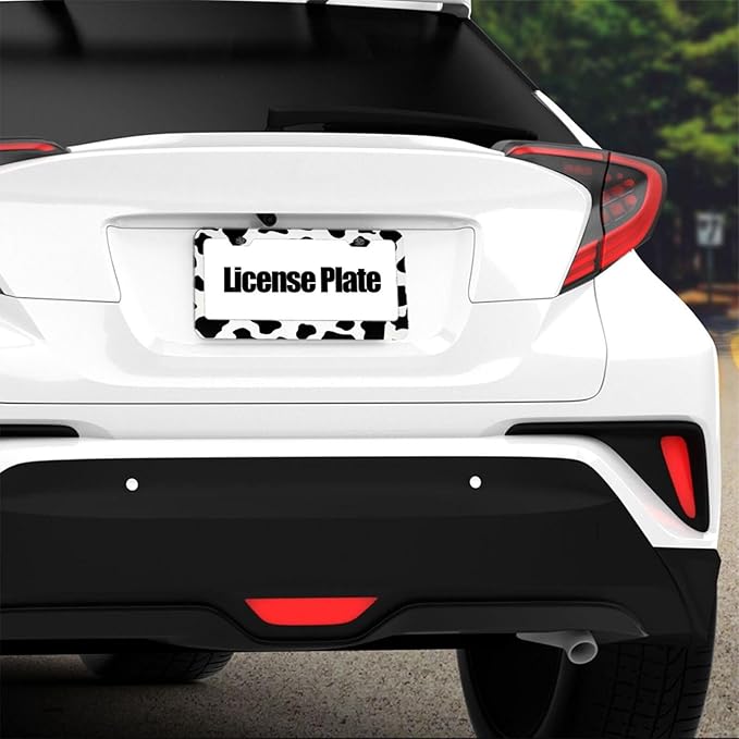 Cow Print License Plate Frame - 1 Pack Personalized Animal White Black Spot License Plate Holder Aluminum Metal Car Tag Cover with 2 Holes Decoration for US Vehicle Standard for Women Men
