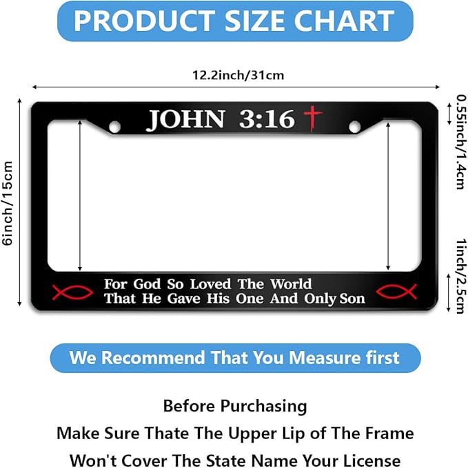 2Pcs John 3:16 Christian Religious License Plate Frame for God So Loved The World for Car Decorative Parts License Plate for Standard Us Canada License Plate Holder 12x6 Inch