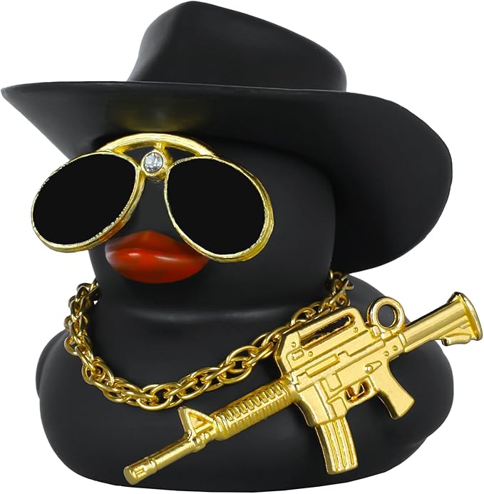 BOZILY Cool Black Cowboy Rubber Duck with Golden Gun Accessories, Car Dashboard Decor, Adult Novelty Gift, Home Favors, Stress Relief Decor