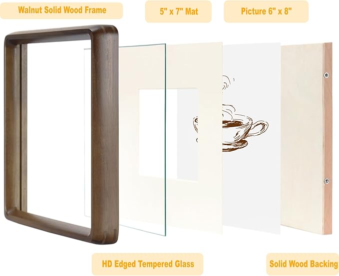 HELPLEX 6x8 Premium Picture Frame Set of 2 - Solid Walnut Wood with HD Tempered Glass, Convertible 5x7 Matted or 6x8 Frameless Display, Wall or Tabletop Frame - Home Gallery, Memories Made Easy