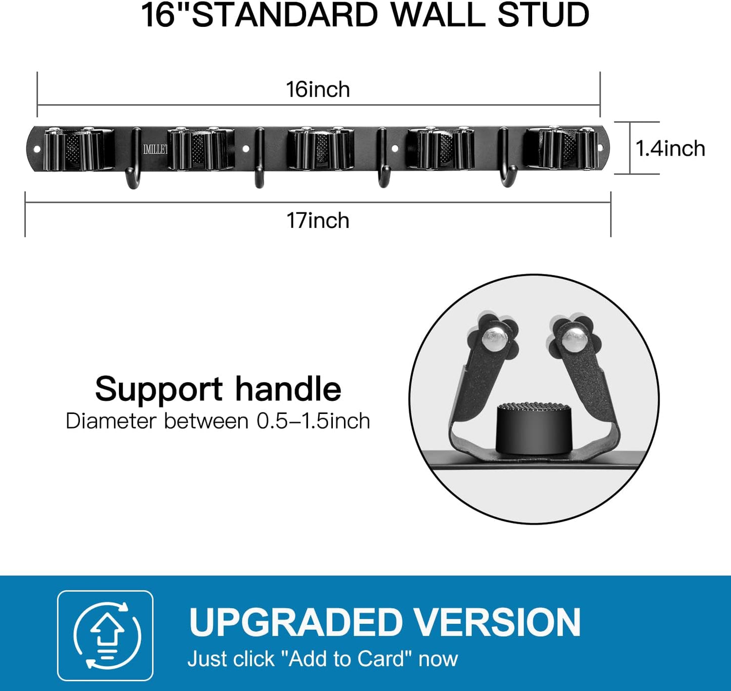 IMILLET 2 Pack Broom and Mop Holder Wall Mounted, Broom Holder Stainless Steel Broom Organizer Heavy Duty Tools Organizer Self Adhesive for Laundry Room Garage Garden（5 Racks and 4 Hooks）