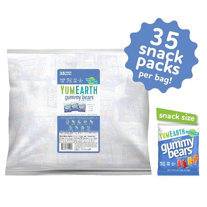 YumEarth Organic Gummy Bears - Fruity Gummy Candy Snack Packs, Gluten Free Snacks for Kids - Allergy Friendly, Non-GMO, No Artificial Flavors or Dyes - Assorted Flavors, 0.7 oz. (Pack of 35)