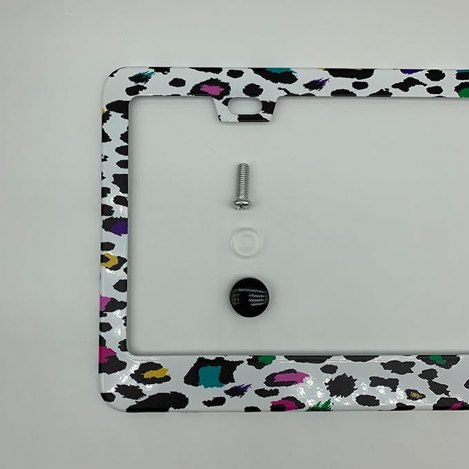 Colorful Leopard Print Cheetah Spots License Plate Frame Cover, Matte White Powder Coated Stainless Steel, Animal Print Auto Car Tag Frame with 2 Holes & Free Screws