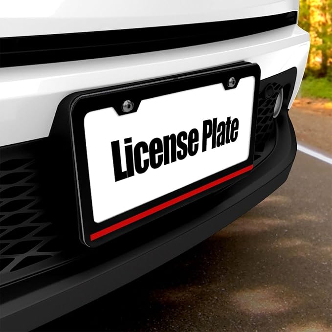 Thin Red Line License Plate Frame - 1 Pack Personalized Firefighters License Plate Holder Aluminum Metal Black Red Line Car Tag Cover with 2 Holes Decoration for US Vehicles Standard Women Men