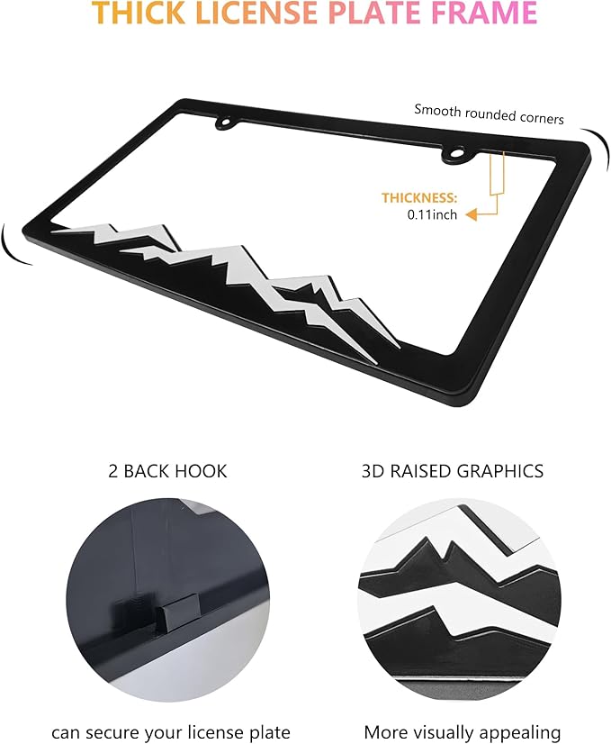 Mountain License Plate Frames - 2 Pack Plastic Car Tag Frame with 3D Mountain Design, White on Black, Included Mountain Vinyl Sticker, Screws & Caps