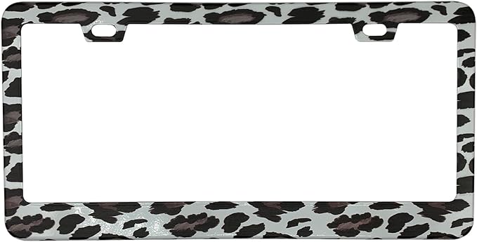 Watercolor Snow Leopard Pattern License Plate Frame Cover, Matte White Powder Coated Stainless Steel, Animal Print Auto Car Tag Frame with 2 Holes & Free Screws