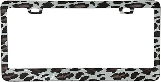 Watercolor Snow Leopard Pattern License Plate Frame Cover, Matte White Powder Coated Stainless Steel, Animal Print Auto Car Tag Frame with 2 Holes & Free Screws