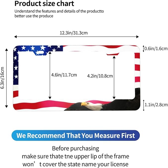 American Flag Eagle Patriotic License Plate Frames Covers Holders US American Waving Flag Eagle Car Tags Frames Holders Stainless Aluminum 2 Pack 4 Holes Decorative 2 Pcs Set for Men Women Vehicle