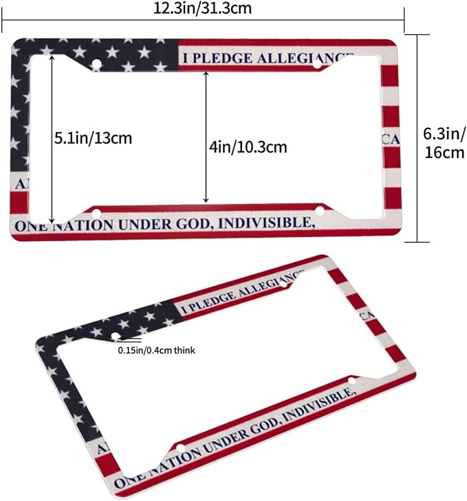 Patriotic American Flag License Plate Frame - 1 Pack Personalized Aluminum Car License Plate Cover Pledge of Allegiance 4 Hole Auto Car Tag for Women/Men Pledge License Plate Holder