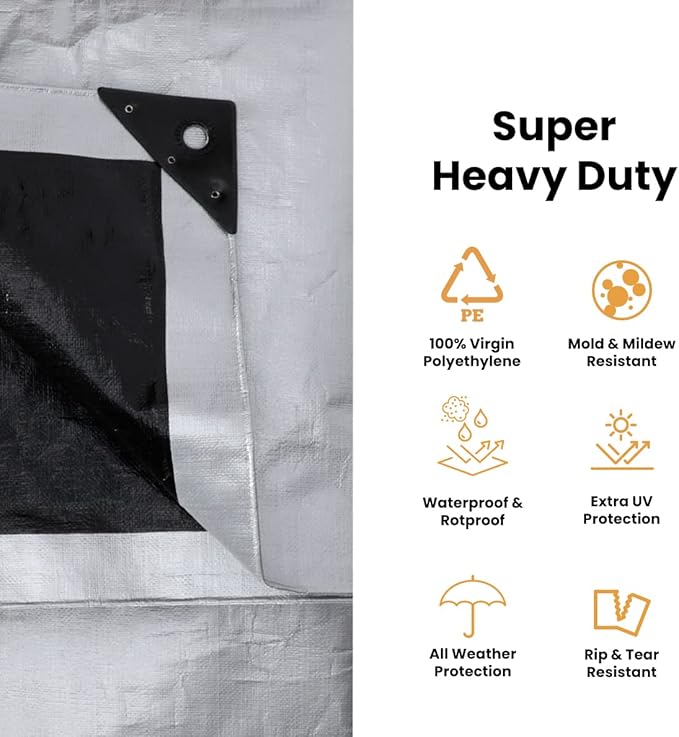 WHITEDUCK Super Heavy Duty Poly Tarp Cover 16 Mil & 10 Mil with Grommets and Reinforced Edges (Brown, White & Silver Black) (Silver Black- 16 Mil, 16' x 20')