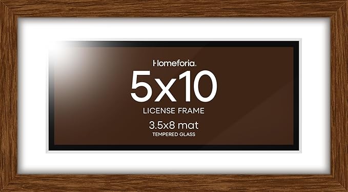 Homeforia 5x10 Business License Brown Frame, High End Dark Oak 5 x 10 Wood Document Certificate Frames with Mat 4x9, 5by10 Walnut Wooden Frames for Wall or Tabletop, Tempered Glass, Wall Kit, Set of 1