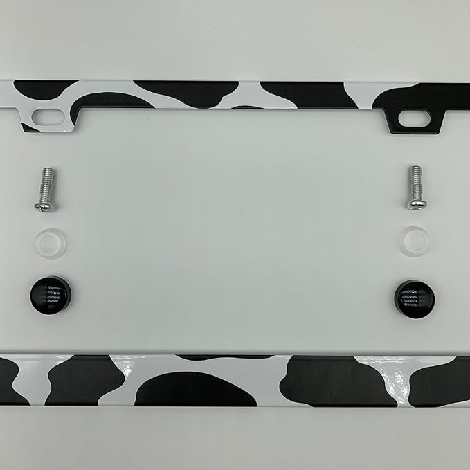 Black and White Cow Print License Plate Frame Cover, Matte White Powder Coated Stainless Steel, Animal Print Auto Car Tag Frame with 2 Holes & Free Screws