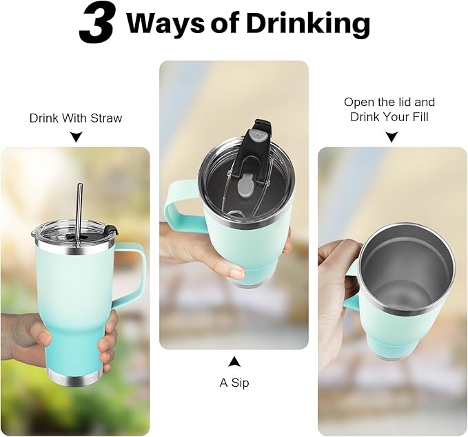 20 oz Tumbler with Handle, Stainless Steel Insulated Tumbler with Lid and Straw, Double Wall Vacuum Insulated Coffee Mug Tumbler, Insulated Coffee Thermal Cup for Cold and Hot(Mint Light Green)