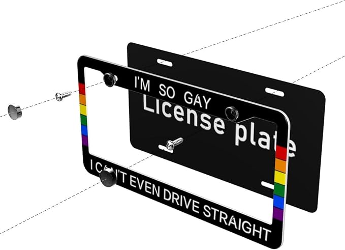Rainbow Gay License Plate Frame Personalized LGBT Pride License Plate Cover Aluminum Metal Novelty Decorative for Front Rear Car Tag Holder 2 Hole with Screws Fits for Men Women 1 Pcs