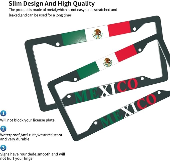 Mexican Flag License Plate Frames Personalized Flag Decoration Car Tags Aluminum Metal License Plate Covers Customized Mexican Flag License Plate Holders for Men and Women with Screw Nut（2Pcs）