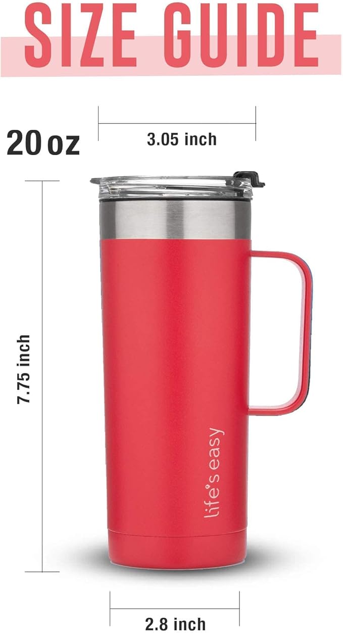 Life's Easy 20oz Stainless Steel Mug w/Handle - Double Wall Insulated Travel Tumbler w/Flip Lid - Leak Proof Tumbler-Thermal Cup for Coffee, Tea & More - Keep Hot & Cold Drinks (Red, 20 oz)