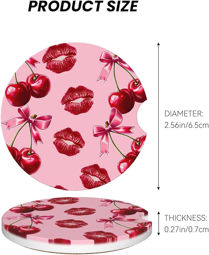 ABLESKY Car Coasters for Cup Holders, 2 Pack Absorbent Anti Slip Car Cup Holder Coasters, 2.56 Inch Ceramic Universal Size Auto Interior Accessories Women Men-Cherry Pink Bow with Red Lips
