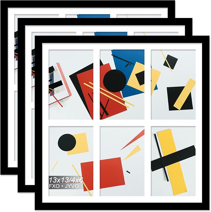 4x6 Picture Frame Collage Set of 3, Display 6 4x6 Picture Collage or 13x13 Photo Only Without Mat, Light Weight and High Transparent Frame for Wall - 3 Pack/Black/6-Openings